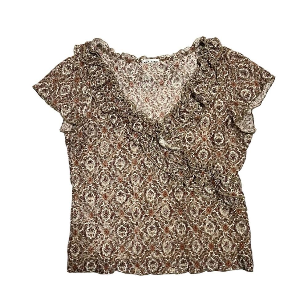 Vintage 90s Mesh Fairy Grunge Ruffle Paisley Short Sleeve Babydoll Coquette Top